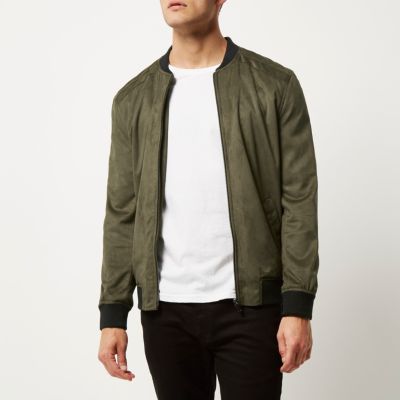 Green lightweight faux suede bomber jacket